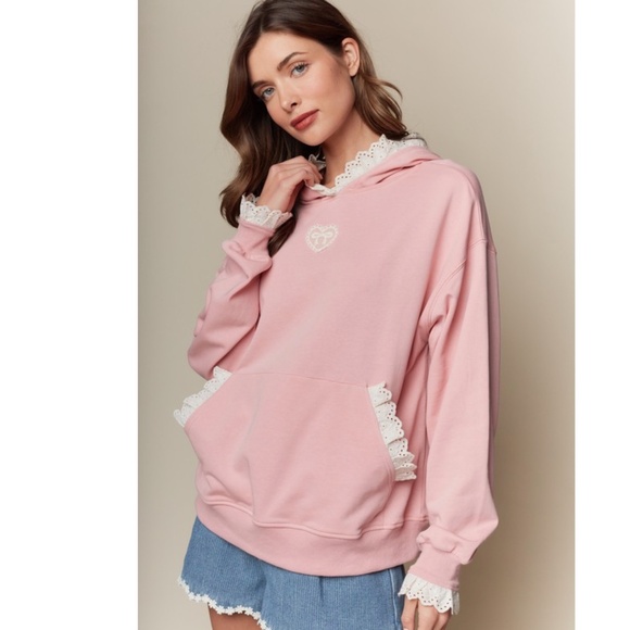 "The Paige" Pink Lace Trim Heart Hoodie - Picture 1 of 4